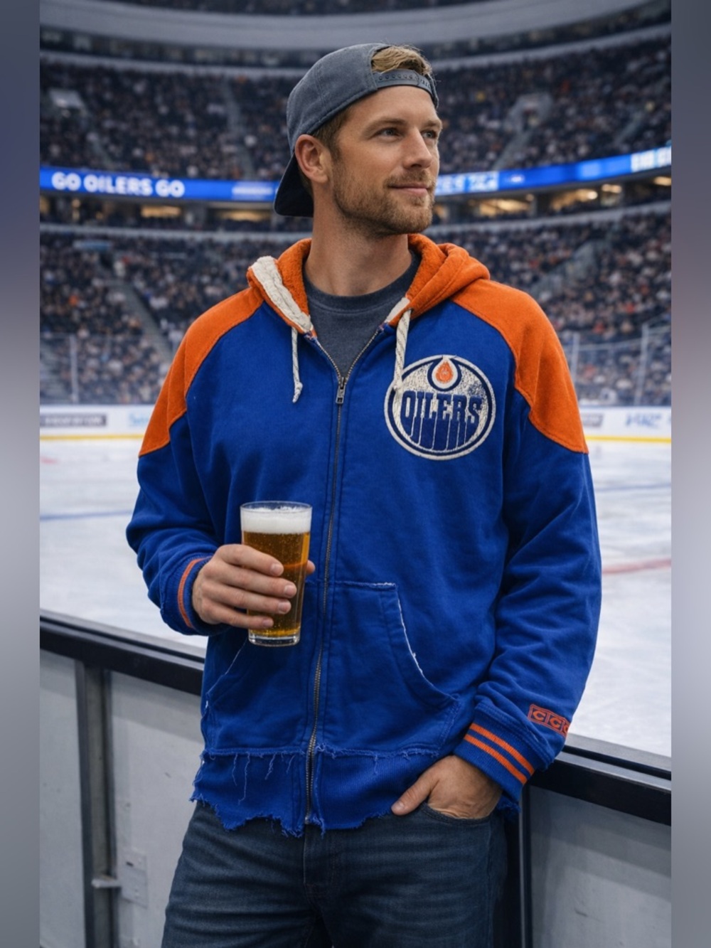 Edmonton Oilers Hoodie CCM Distressed Zip Up NHL Hockey Lace Drawstring Large